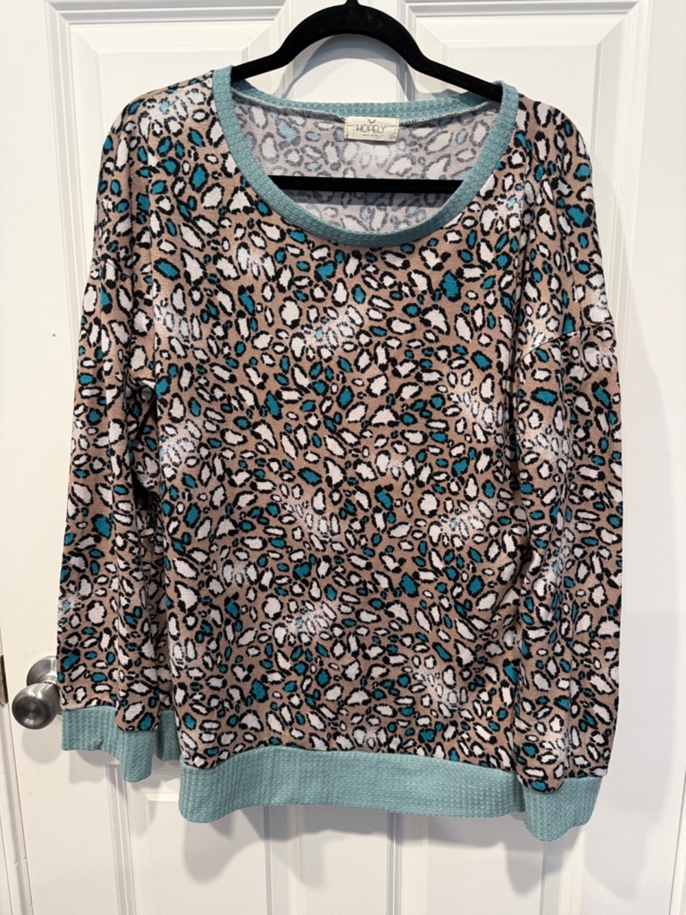 Hopely Teal Accent Leopard-Print Long Sleeve Top